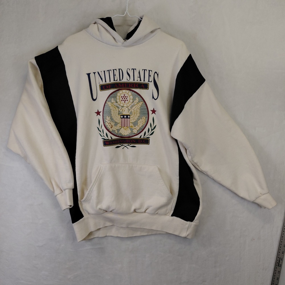 Vintage United States of America Washington DC Eagle Hoodie Cream Navy XL USA